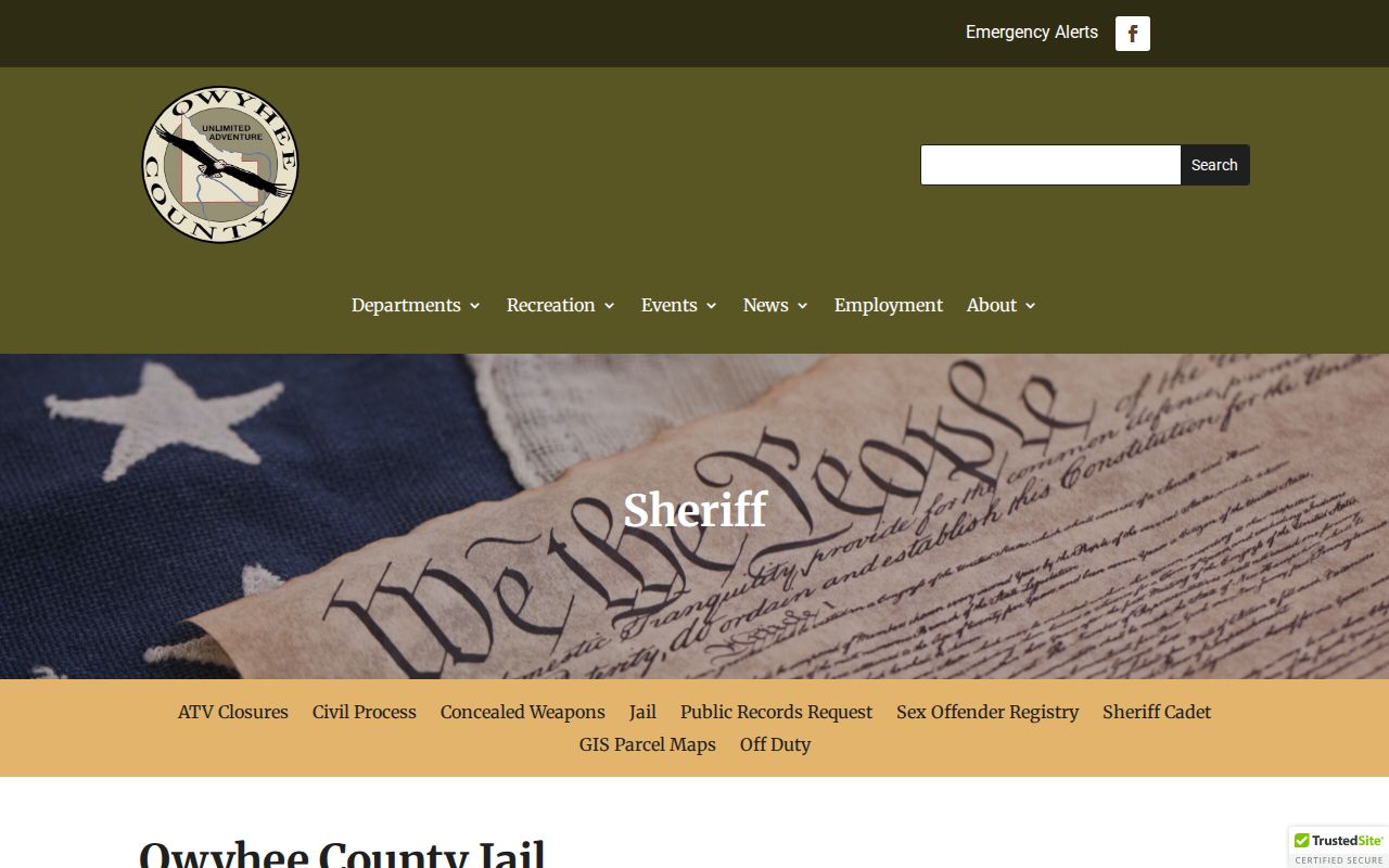 Owyhee County Jail page with roster and warrant links