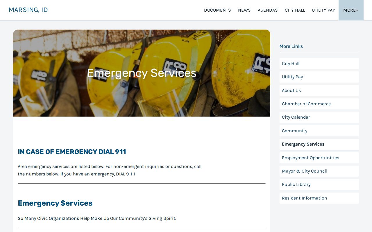 Marsing emergency services page directing residents to the Owyhee County Sheriff