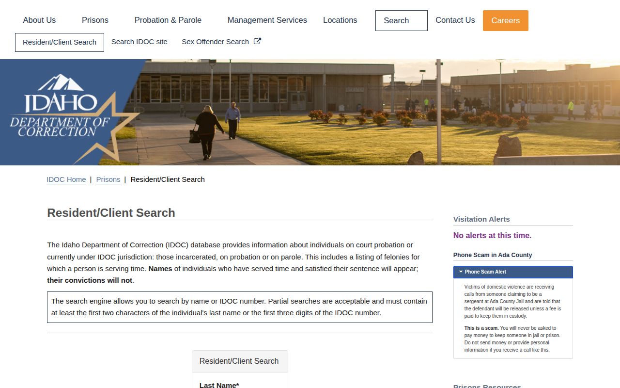 Idaho Department of Correction resident search interface