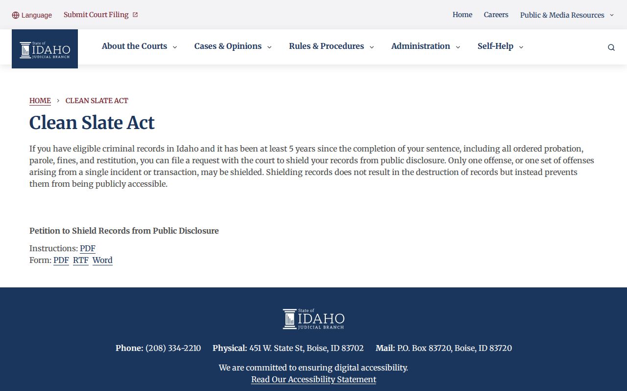 Idaho Supreme Court Clean Slate information
